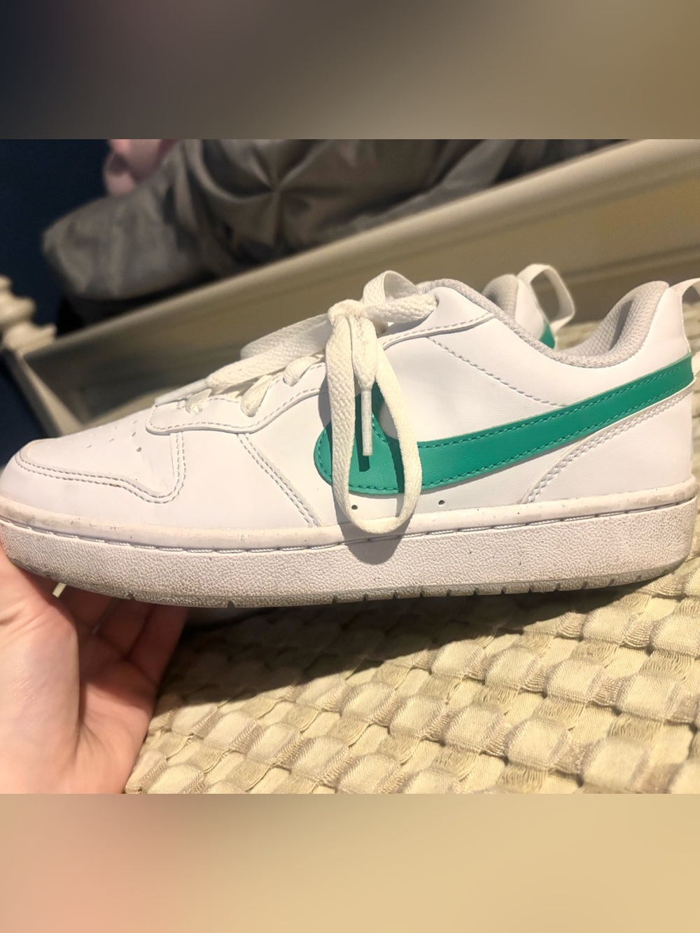 Nike Kids White Sneakers with Teal Green Swoosh - Picture 3 of 6